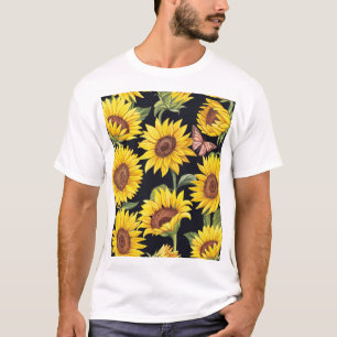 Zonnebloemen, vlinders, waterverf zwarte achtergro t-shirt