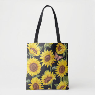 Zonnebloemen, vlinders, waterverf zwarte achtergro tote bag