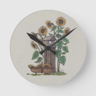 Zonnebloemen, vogel en vogel ronde klok