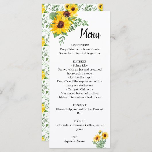 Zonnebloemen Vrijgezellenfeest Menu (Voorkant / Achterkant)