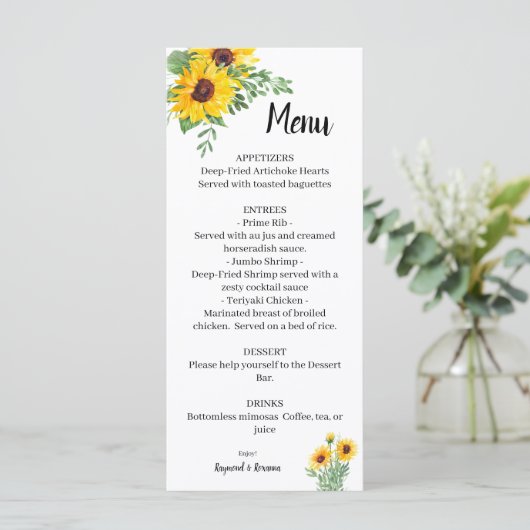 Zonnebloemen Vrijgezellenfeest Menu (Staand voorkant)