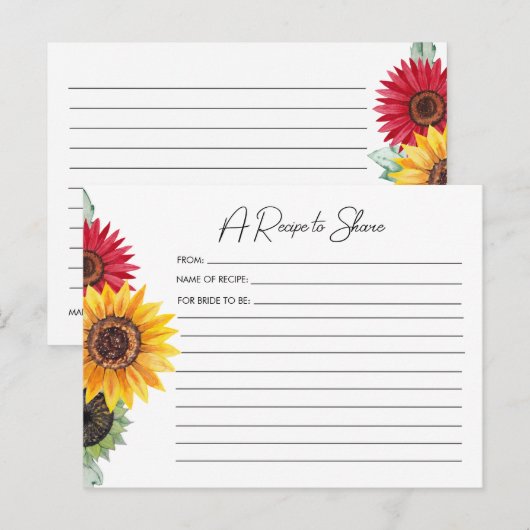 Zonnebloemen Vrijgezellenfeest Recipe Kaart (Voorkant / Achterkant)