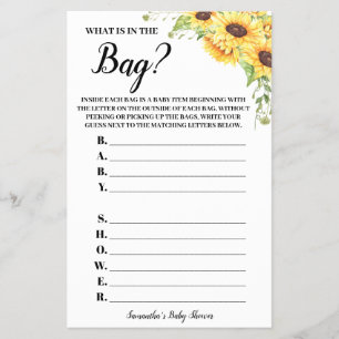 Zonnebloemen Wat is er in de Bag Baby shower Game- Flyer