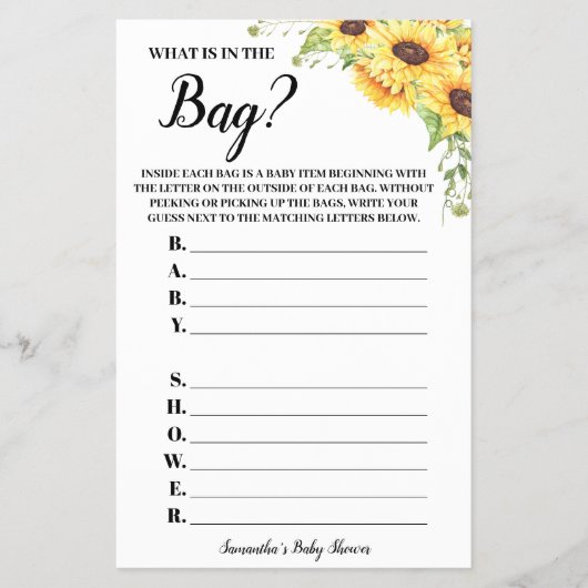 Zonnebloemen Wat is er in de Bag Baby shower Game- Flyer (Voorkant)