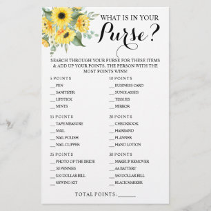 Zonnebloemen Wat zit er in je tas Shower spelkaart Flyer