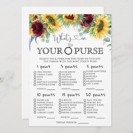 Zonnebloemen Wat zit er in je tas Vrijgezellenfees Kaart (Voorkant / Achterkant)