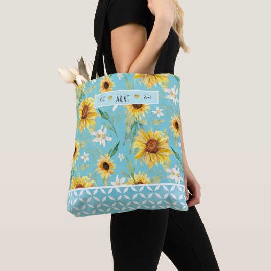 Zonnebloemen Waterverf Best tante Ever Blue Hearts Tote Bag (Dichtbij)