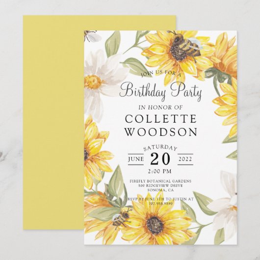 Zonnebloemen Waterverf Birthday Party Kaart (Voorkant / Achterkant)