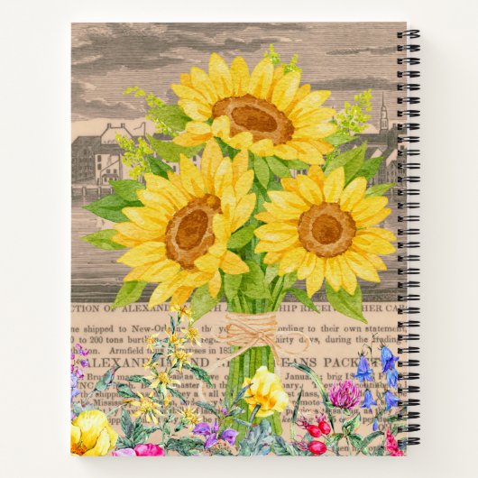 Zonnebloemen, Waterverf bloemen,  krant Notitieboek (Achterkant)