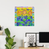 Zonnebloemen Waterverf Flowers Sun Moon Poster (Thuiskantoor)