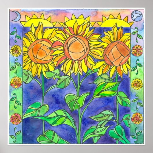 Zonnebloemen Waterverf Flowers Sun Moon Poster (Voorkant)