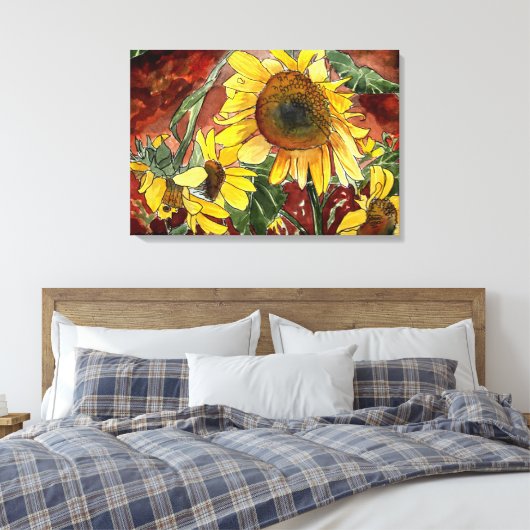 Zonnebloemen waterverf schilderij canvas afdruk (Insitu (Slaapkamer))