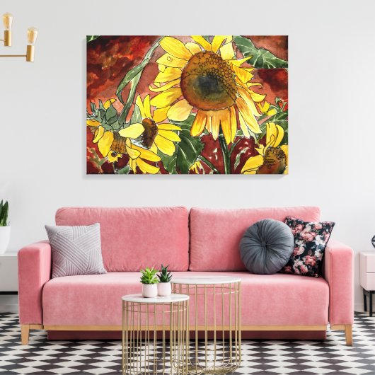 Zonnebloemen waterverf schilderij canvas afdruk (Insitu (Woonkamer))
