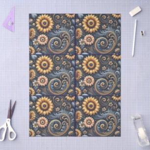 Zonnebloemen & Wervelingen Marine Blauw Goud Decou Tissuepapier