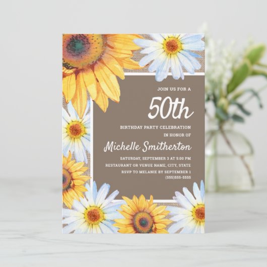 Zonnebloemen White Daisies Burlap 50th Birthday Kaart (Staand voorkant)