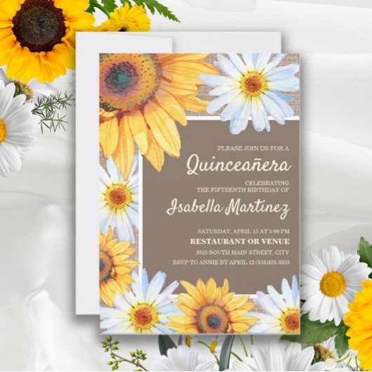 Zonnebloemen White Daisies Burlap Quinceañera 15th Kaart