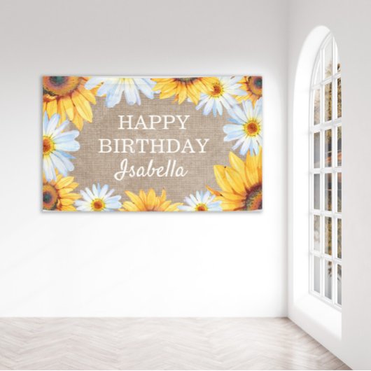 Zonnebloemen White Daisy Burlap Happy Birthday Nam Spandoek