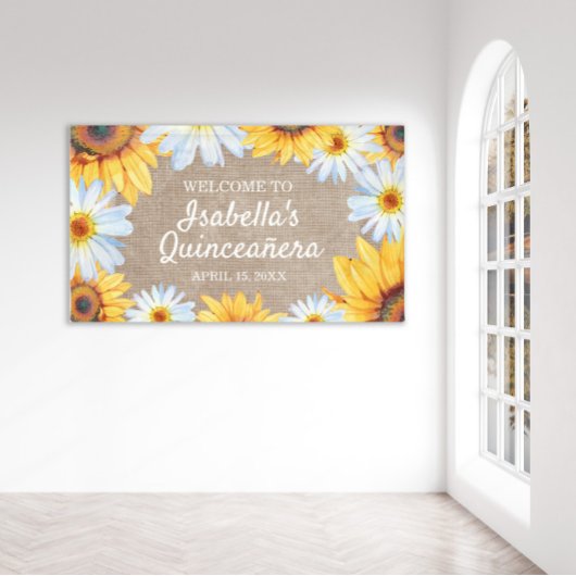 Zonnebloemen White Daisy Burlap Quinceañera Welkom Spandoek
