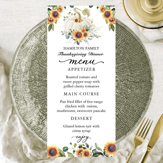 Zonnebloemen White Pumpkin Thanksgiving Dinner Men Menu
