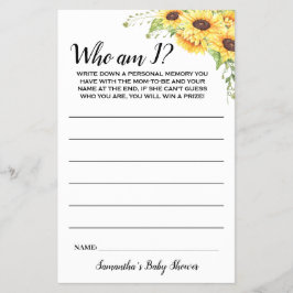 Zonnebloemen Wie ben ik Baby Shower Spelkaart Flyer
