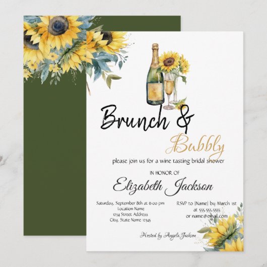 Zonnebloemen Wijnbrunch & Bubbly Vrijgezellenfeest Kaart (Voorkant / Achterkant)