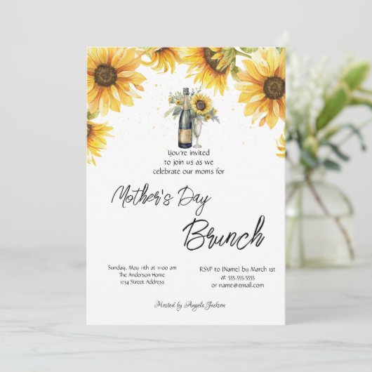 Zonnebloemen Wijnfles Glass Moederdag Brunch Kaart (Staand voorkant)