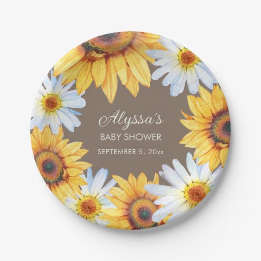 Zonnebloemen Witte Daisies Bruin Baby shower Papieren Bordje (Voorkant)