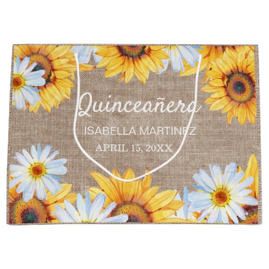 Zonnebloemen Witte Daisy Burlap Quinceañera Naam Groot Cadeauzakje (Voorkant)