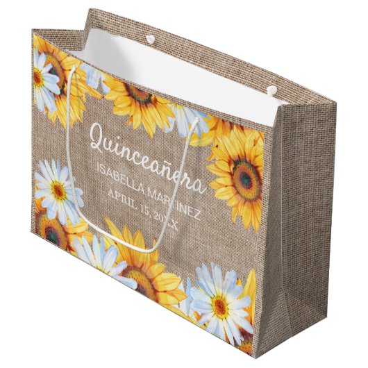 Zonnebloemen Witte Daisy Burlap Quinceañera Naam Groot Cadeauzakje (Voorkant Gekanteld)
