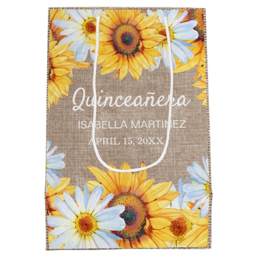 Zonnebloemen Witte Daisy Burlap Quinceañera Naam Medium Cadeauzakje (Achterkant)