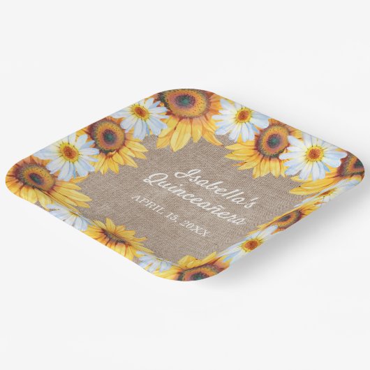 Zonnebloemen Witte Daisy Burlap Quinceañera Naam Papieren Bordje (Gebogen)