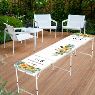 Zonnebloemen witte elegante monogram bruiloft beer pong tafel