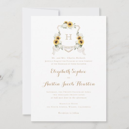 Zonnebloemen Witte Hydrangea Groen Crest Bruiloft Kaart (Voorkant)