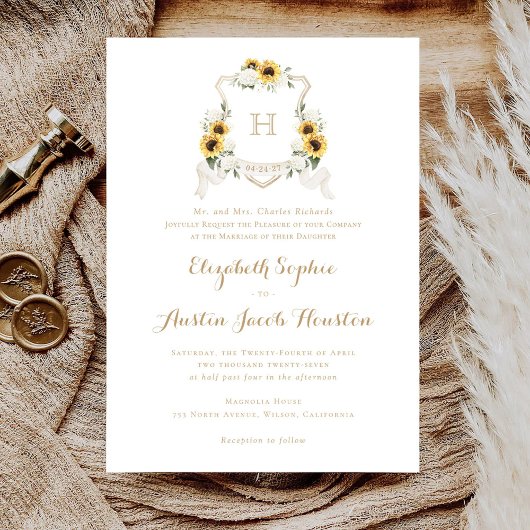 Zonnebloemen Witte Hydrangea Groen Crest Bruiloft Kaart