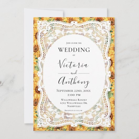 Zonnebloemen Witte Kant Rustieke Bruiloft Kaart (Voorkant)