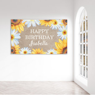 Zonnebloemen Witte Madelief Jute Happy Verjaardag  Spandoek