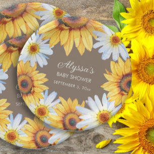 Zonnebloemen Witte Madeliefjes Bruine Baby Shower Papieren Bordje