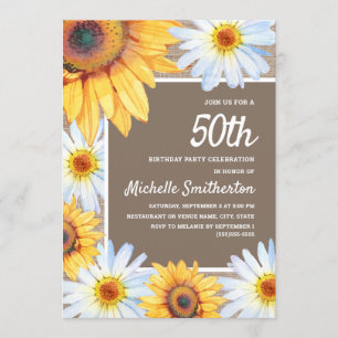 Zonnebloemen Witte Madeliefjes Jute 50e Verjaardag Kaart