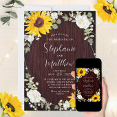 Zonnebloemen witte rozen lichten hout bruiloft kaart