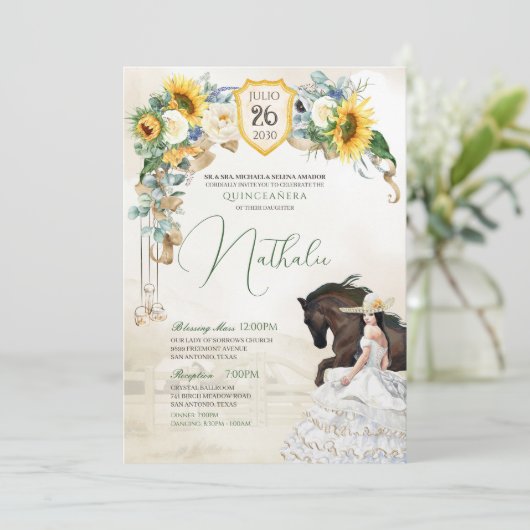 Zonnebloemen Witte rozen Westerne Charra Quinceane Kaart (Staand voorkant)