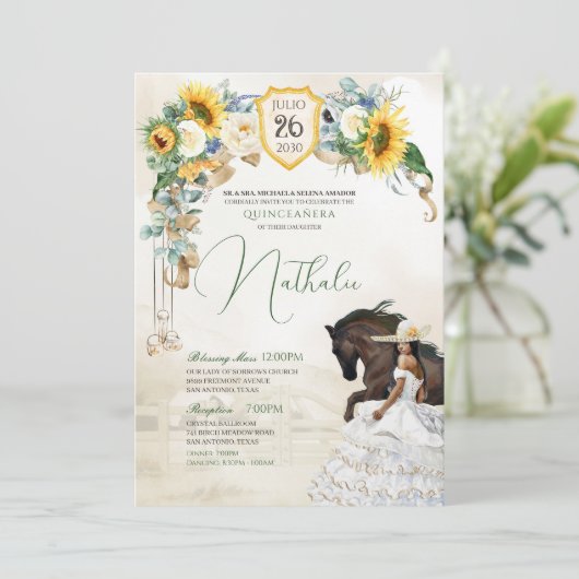 Zonnebloemen Witte rozen Westerne Charro Quinceane Kaart (Staand voorkant)