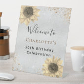 Zonnebloemen zilvergoudglitter welkom reclamebord met voetstuk (Insitu)