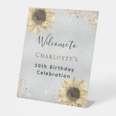 Zonnebloemen zilvergoudglitter welkom reclamebord met voetstuk (Voorkant)