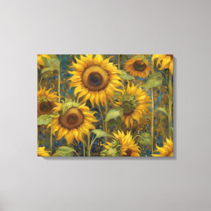 Zonnebloemen Zomerdag Glints van Blauwe Olieverfsc Canvas Afdruk