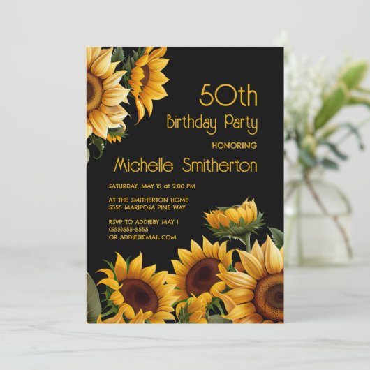 Zonnebloemen Zwart 50ste verjaardag Kaart (Staand voorkant)