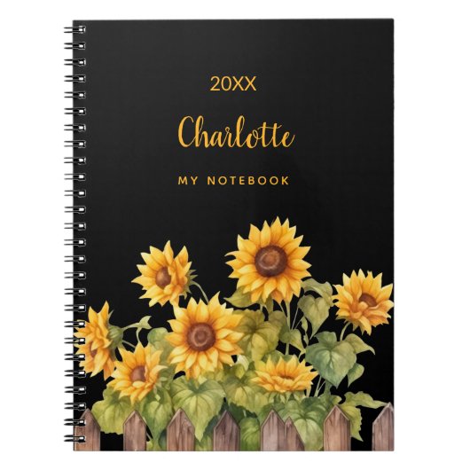 Zonnebloemen zwart bloemenrustiek notitieboek (Voorkant)