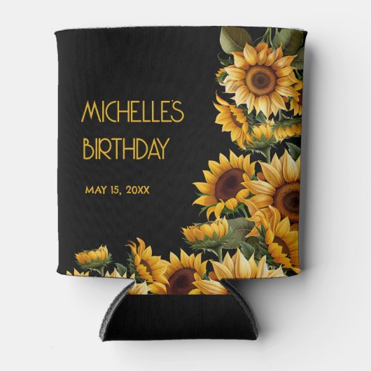 Zonnebloemen zwart rustieke elegante naam verjaard blikjeskoeler (Voorkant)