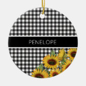 Zonnebloemen, zwart-wit, buffelgeel keramisch ornament (Voorkant)