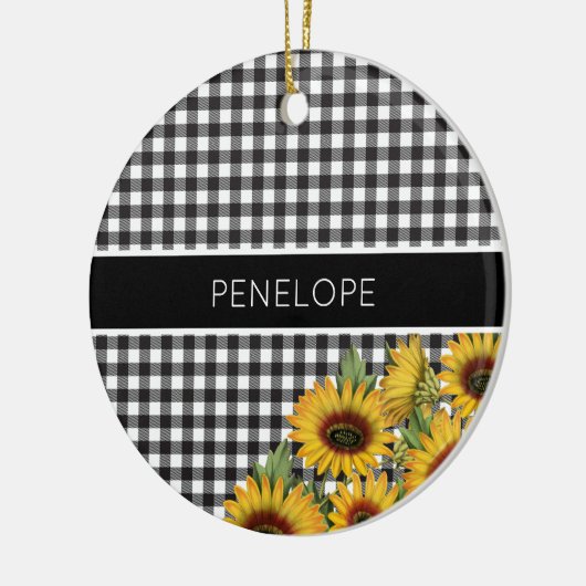 Zonnebloemen, zwart-wit, buffelgeel keramisch ornament (Links)