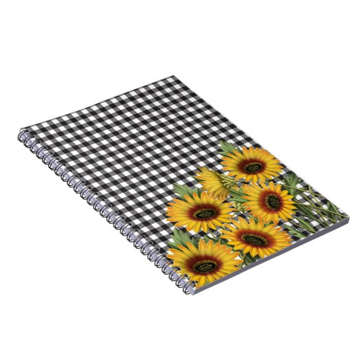 Zonnebloemen, zwart-wit, buffelgeel notitieboek (Rechterzijde)